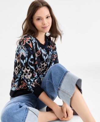 Women's Printed Long-Sleeve Crewneck Sweater