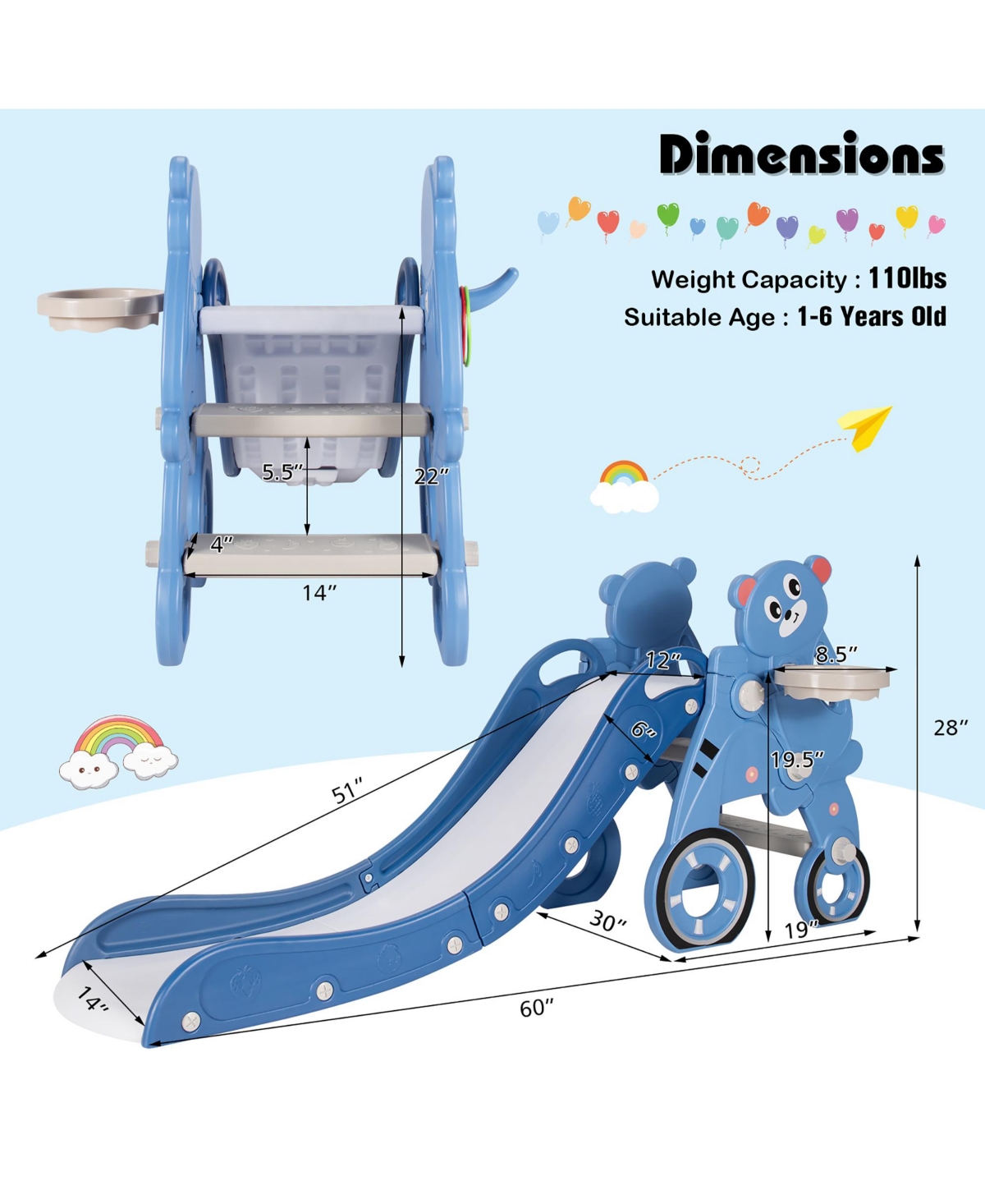 4 in 1 Foldable Baby Slide Toddler Climber Slide PlaySet w/ Ball