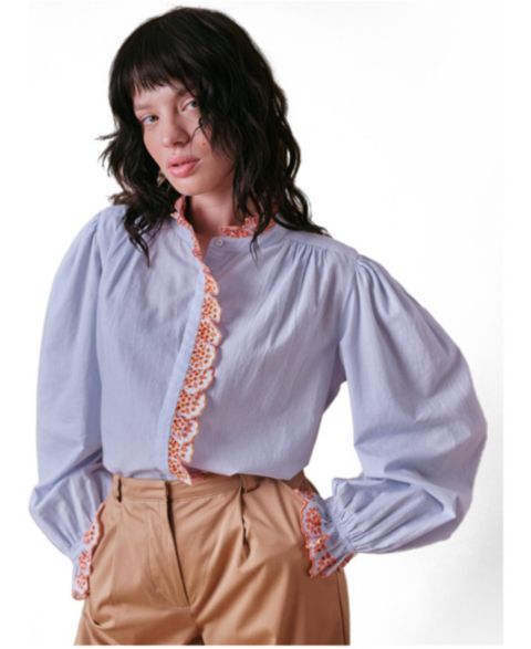 Женская блузка Cape Cove Jewel Trim Cotton High Neck, цвет: Синий
