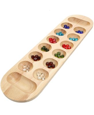 Mancala Board Game - 22 in., Solid Natural Wood Board and Glass Stones