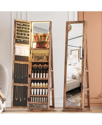 Rotatable full-length jewelry mirror cabinet with compartments and built-in LED lights.