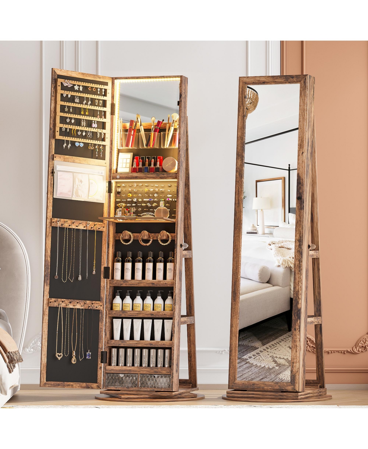 Vlsrka Rotatable full-length jewelry mirror cabinet with compartments and built-in Led lights.