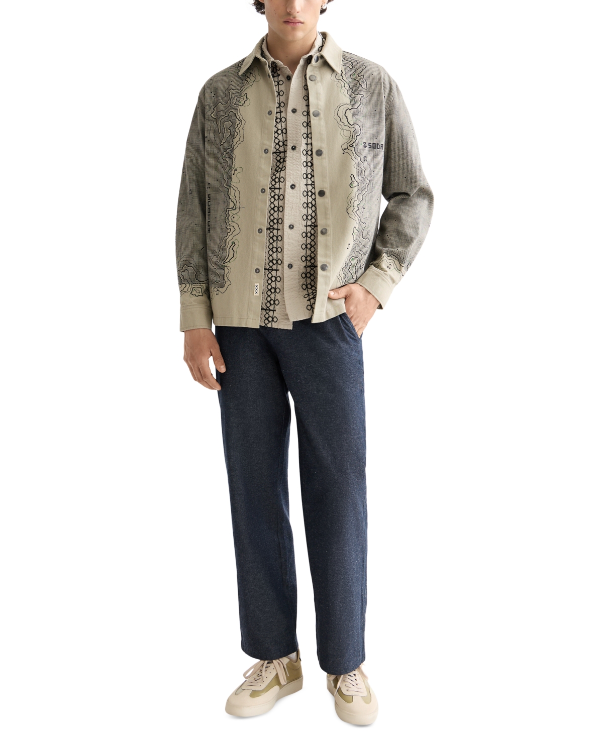 Scotch & Soda Map Graphic Snap-up Overshirt In Gray
