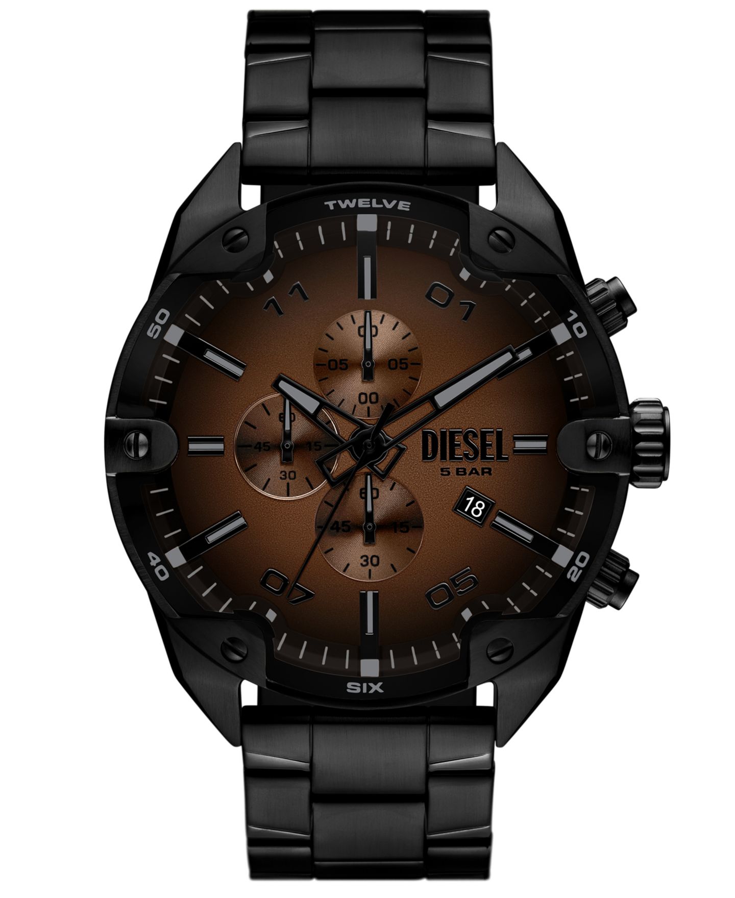 Мужские часы Diesel Spiked Quartz Chronograph Black Stainless Steel Watch, 49mm — фото 1