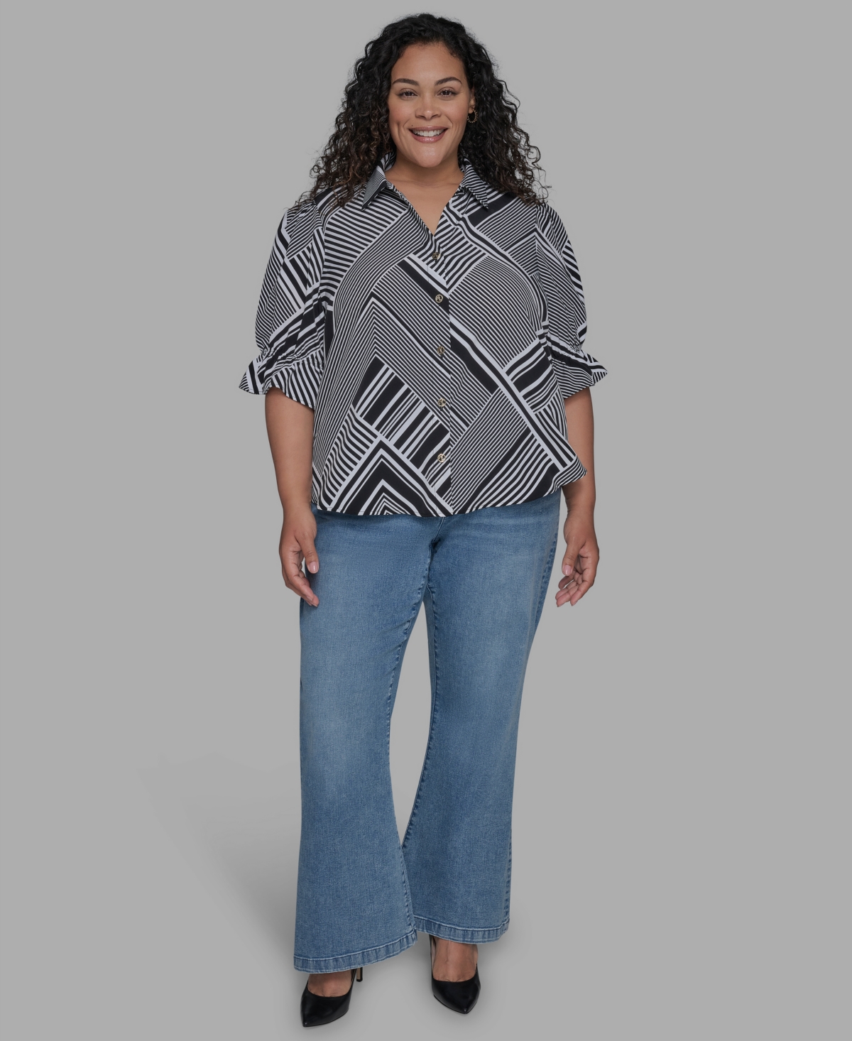 Karl Lagerfeld Plus Size Geo-print Puff-sleeve Shirt In Gray