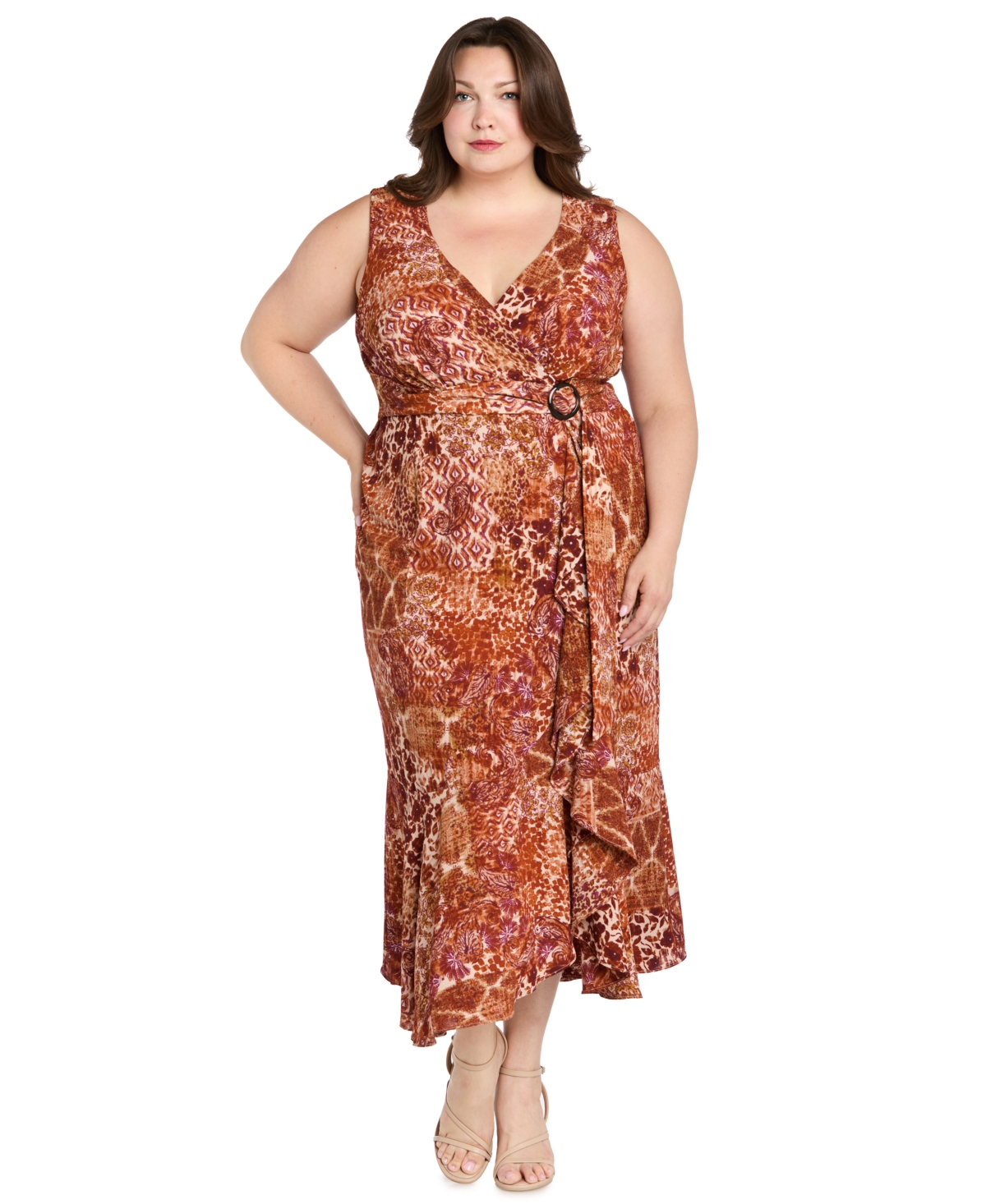 R & M Richards Plus Size V-neck Sleeveless Maxi Dress In Brown