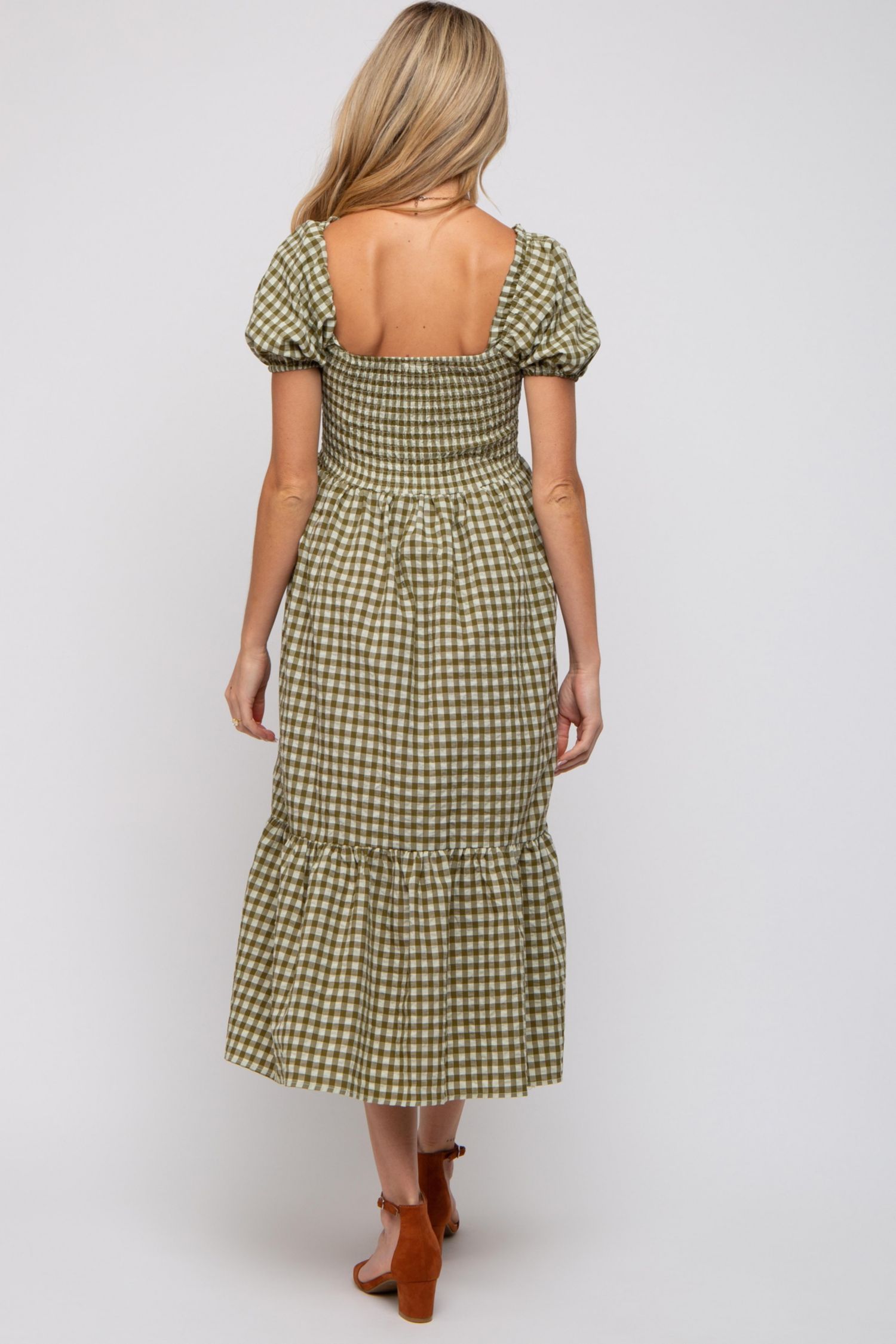Women's Rust Gingham Smocked Midi Dress
