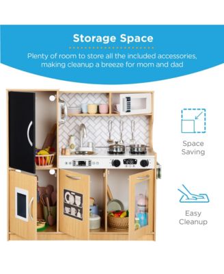 Pretend Play Kitchen Wooden Toy Set for Kids w/ Telephone, Utensils, Oven, Microwave