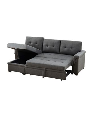84"W Dark Gray Linen Reversible Sleeper Sectional Sofa with Storage Chaise