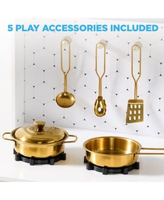 Pretend Play Cottage Kitchen Wooden Toy Set for Kids w/ 5 Accessories, Oven