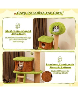 56" Tall Cat Tower with Mushroom-shaped Nest Condo Climbing Ladder Teasing Ball