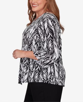 Plus Size Classic Puff Print Abstract Feather Crew Neck Top