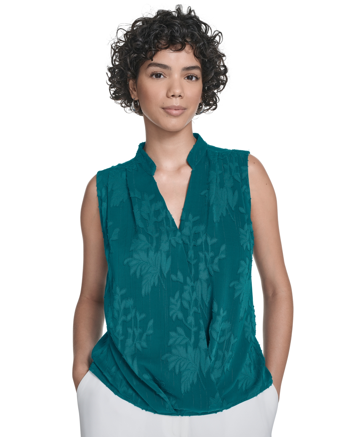 Calvin Klein Women's Floral Surplice-neck Sleeveless Blouse In Green