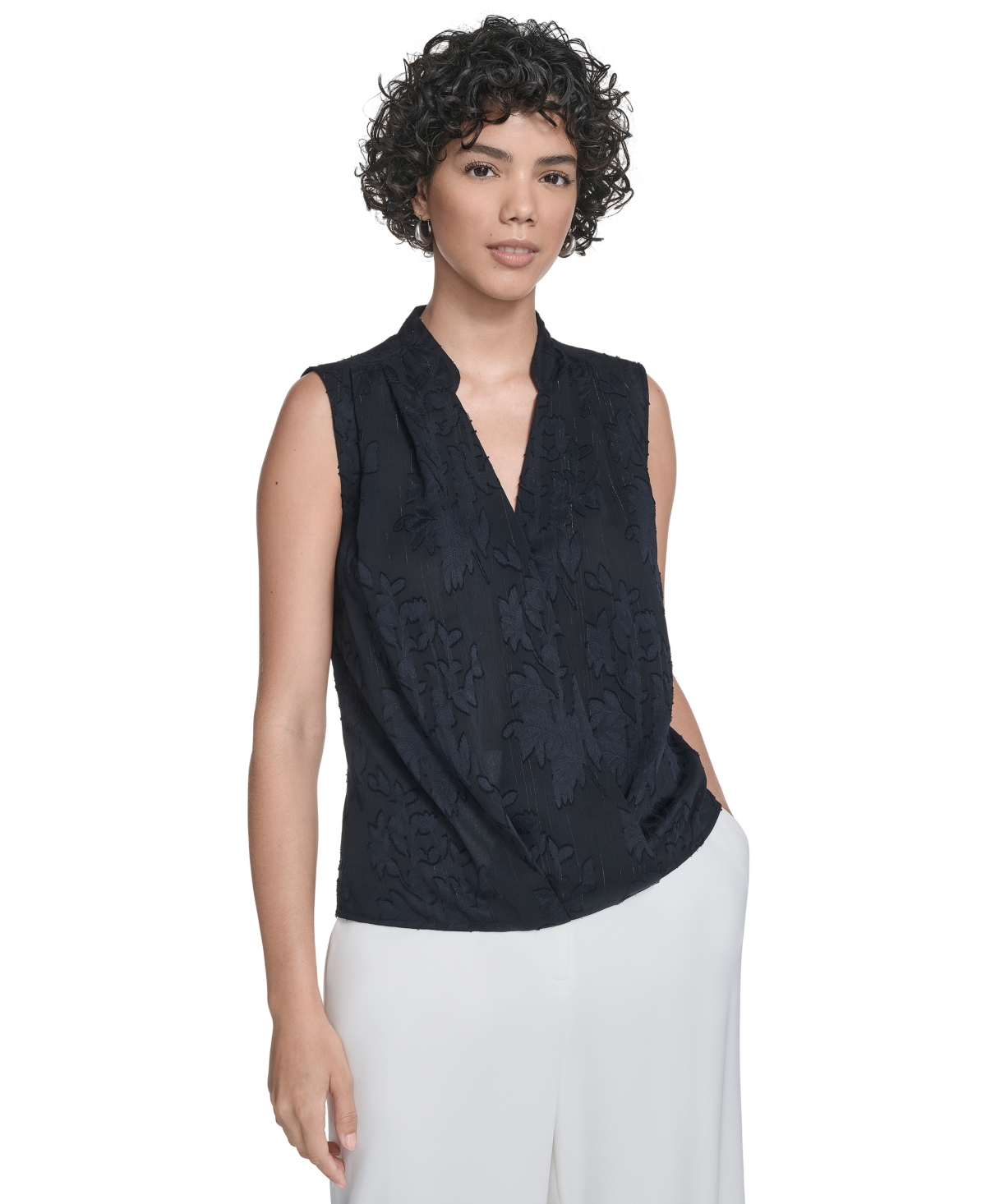 Calvin Klein Women's Floral Surplice-neck Sleeveless Blouse In Brown