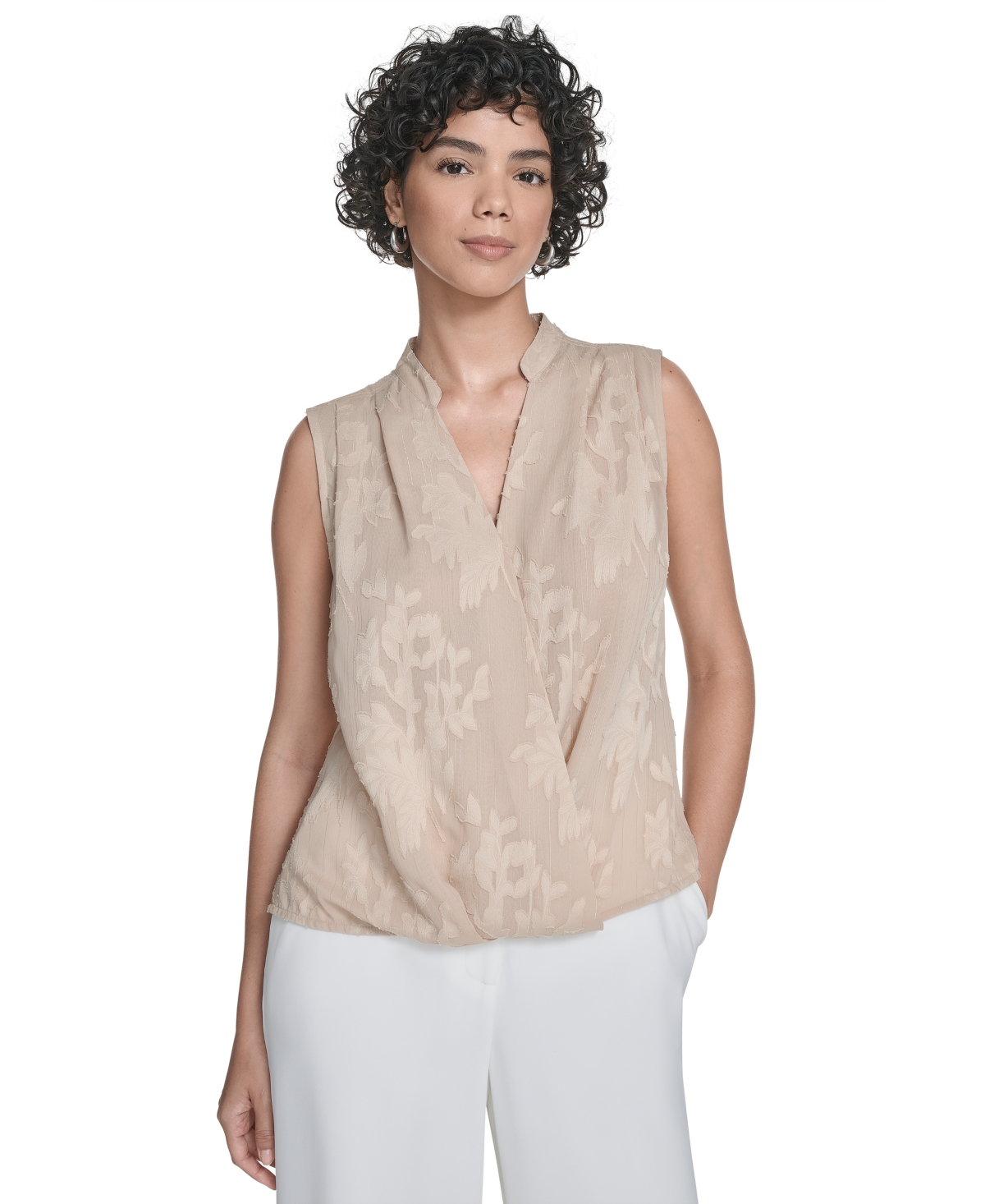 Calvin Klein Women's Floral Surplice-neck Sleeveless Blouse In Blue