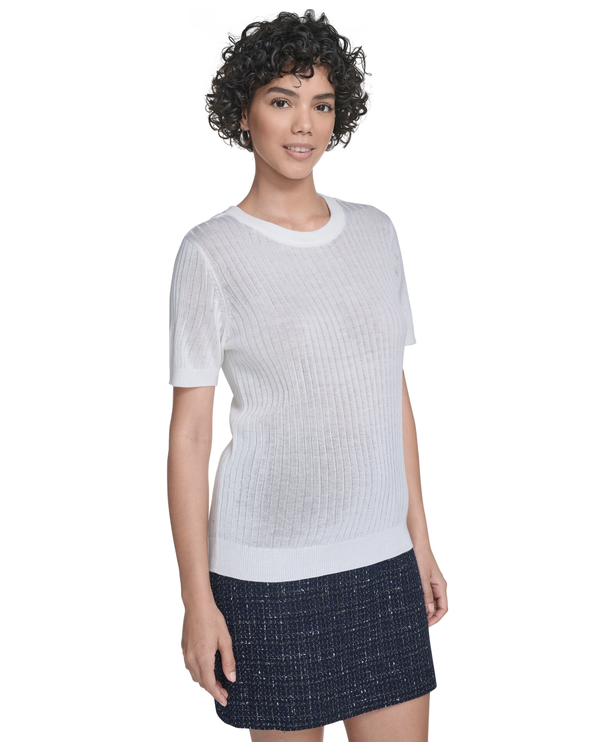 Calvin Klein Women's Ribbed Short-sleeve Sweater In White