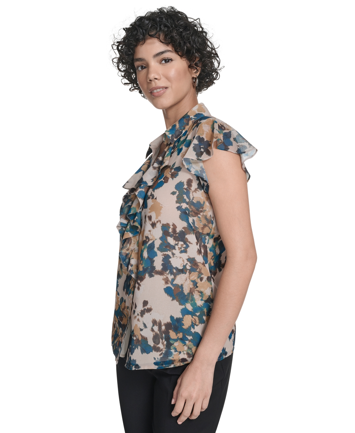 Calvin Klein Women's Printed Flutter-sleeve Ruffle Blouse In Multi