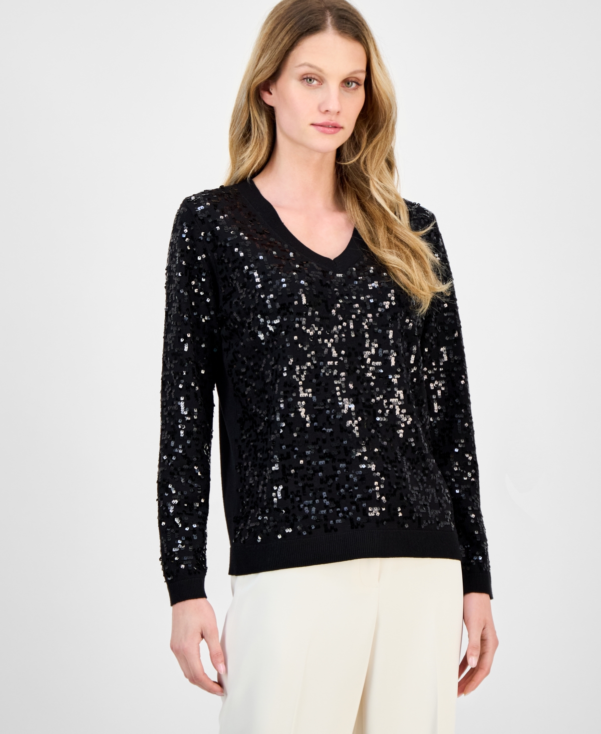 Anne Klein Sequin Zigzag Sweater In Black