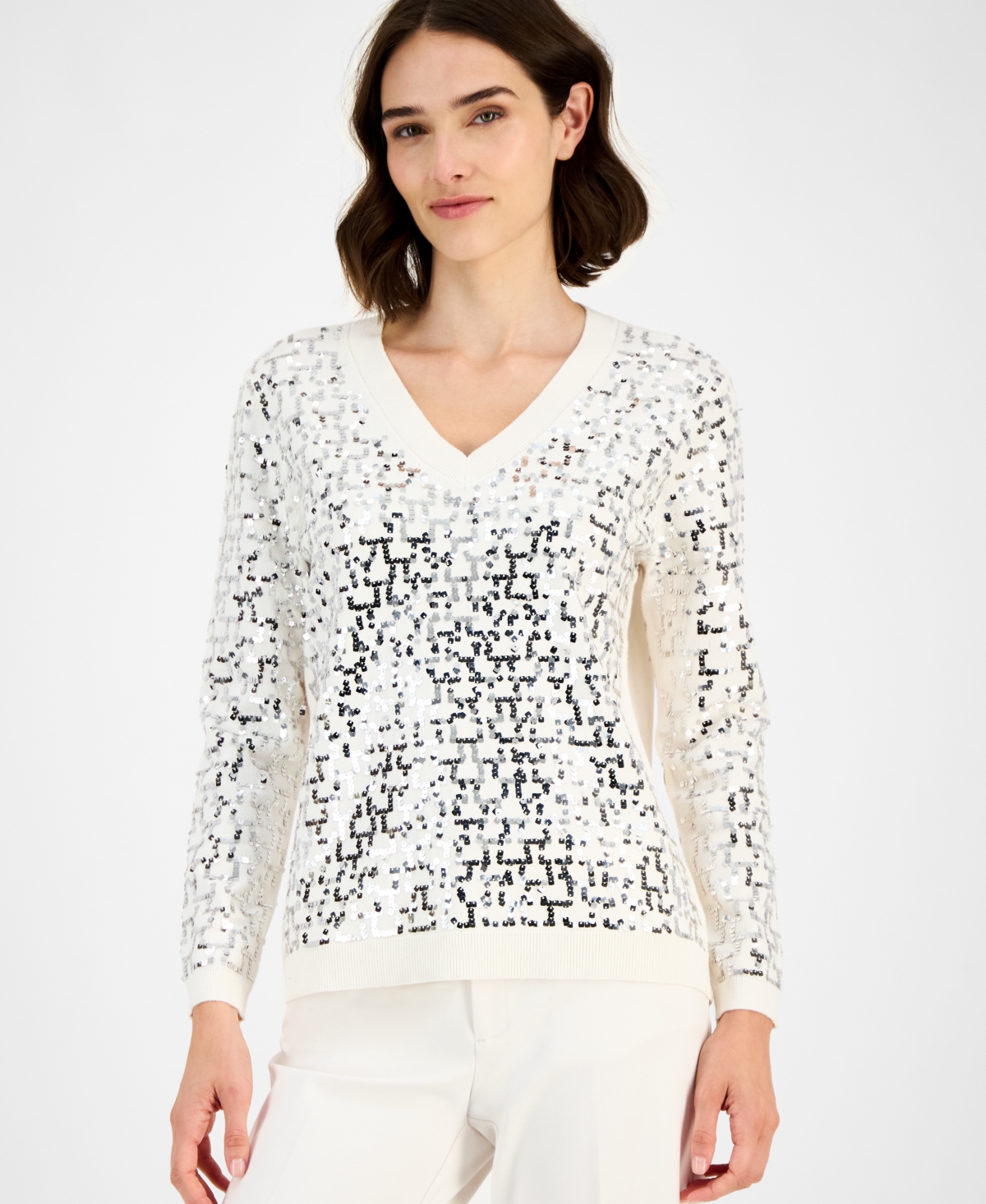 Anne Klein Women's Zig-zag Sequin Sweater In Metallic