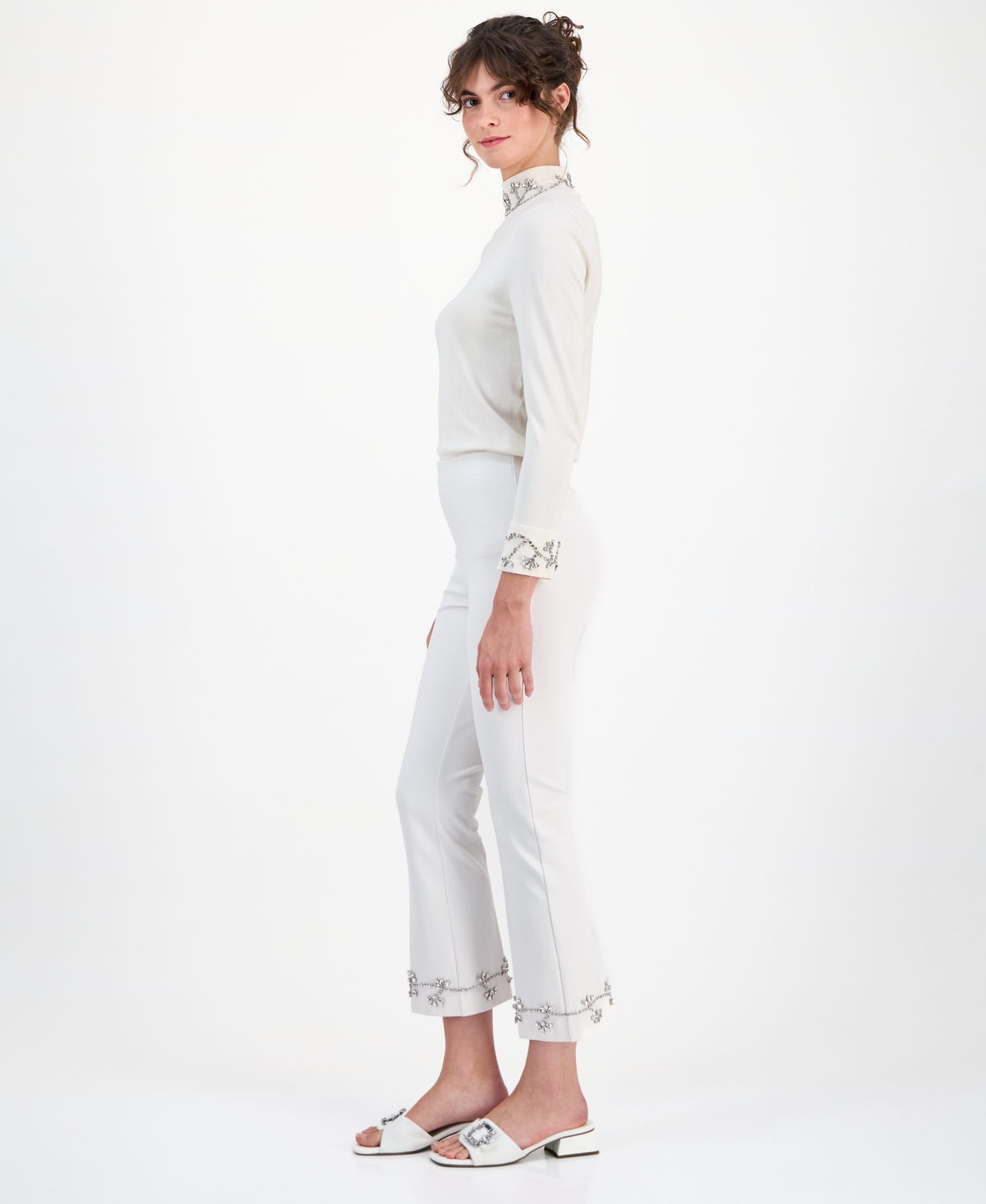 Anne Klein Women's Embellished Pull-on Kick-flare Pants In White