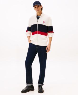 Men's Crest Logo Patch Zip-Through Stripe Sweater