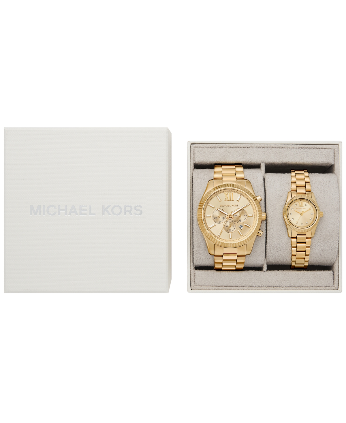 Michael Kors His And Hers Lexington Chronograph And Three-hand Gold-tone Stainless Steel Watch Gift Set, 44mm And In Gold