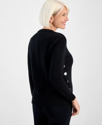 Petite Long-Sleeve Side-Button Crewneck Sweater