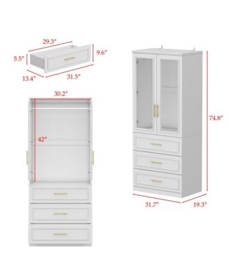 White 2-door 3-drawer wardrobe with tempered glass, bedroom Armoire, wooden Closet