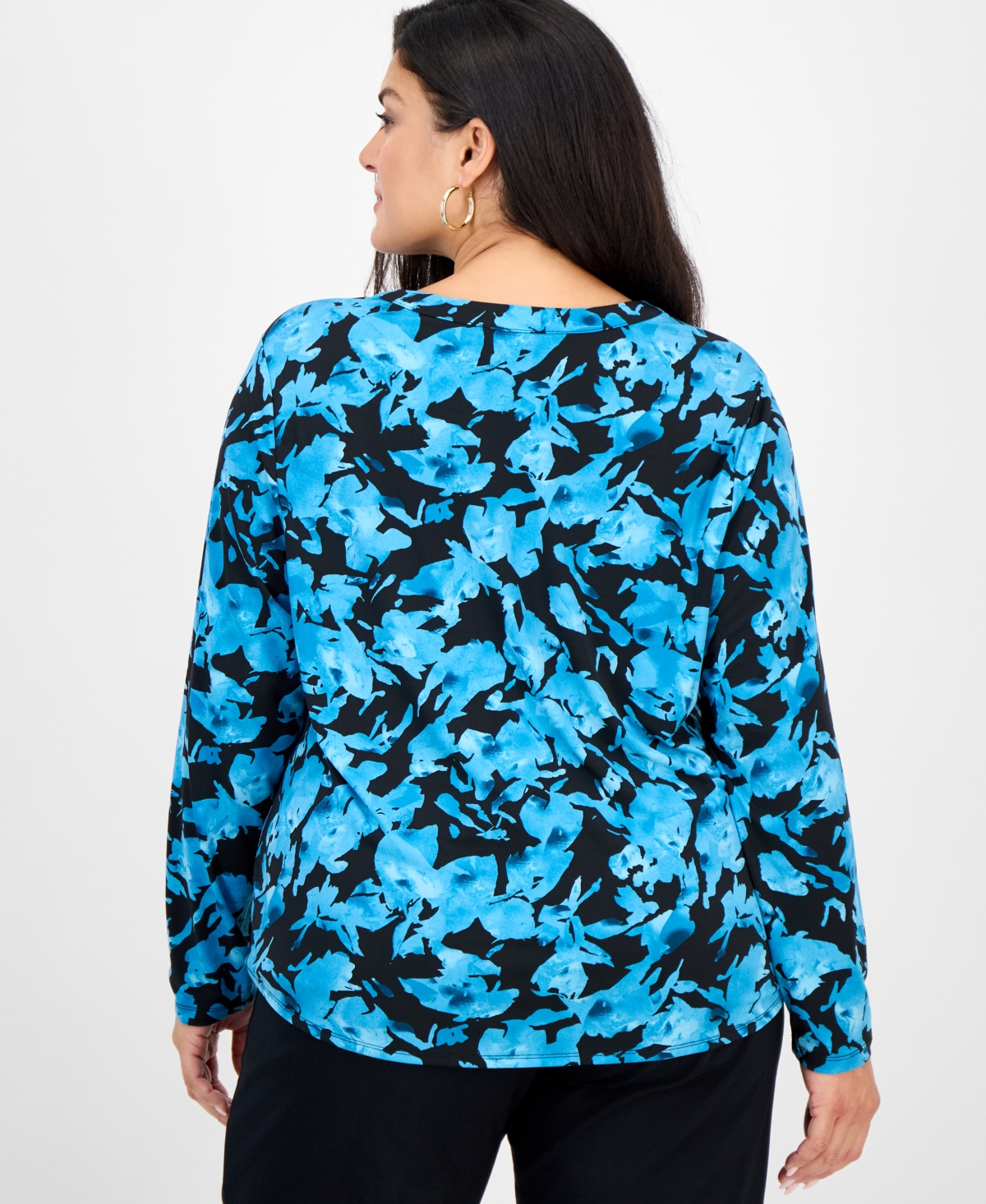 Inc International Concepts Plus Size Printed Gathered Collared Shirt, Macy's Exclusive In Blue