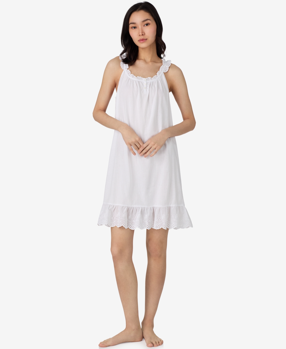 Lauren Ralph Lauren Women's Sleeveless Eyelet Ruffle Button Neck Nightgown - White
