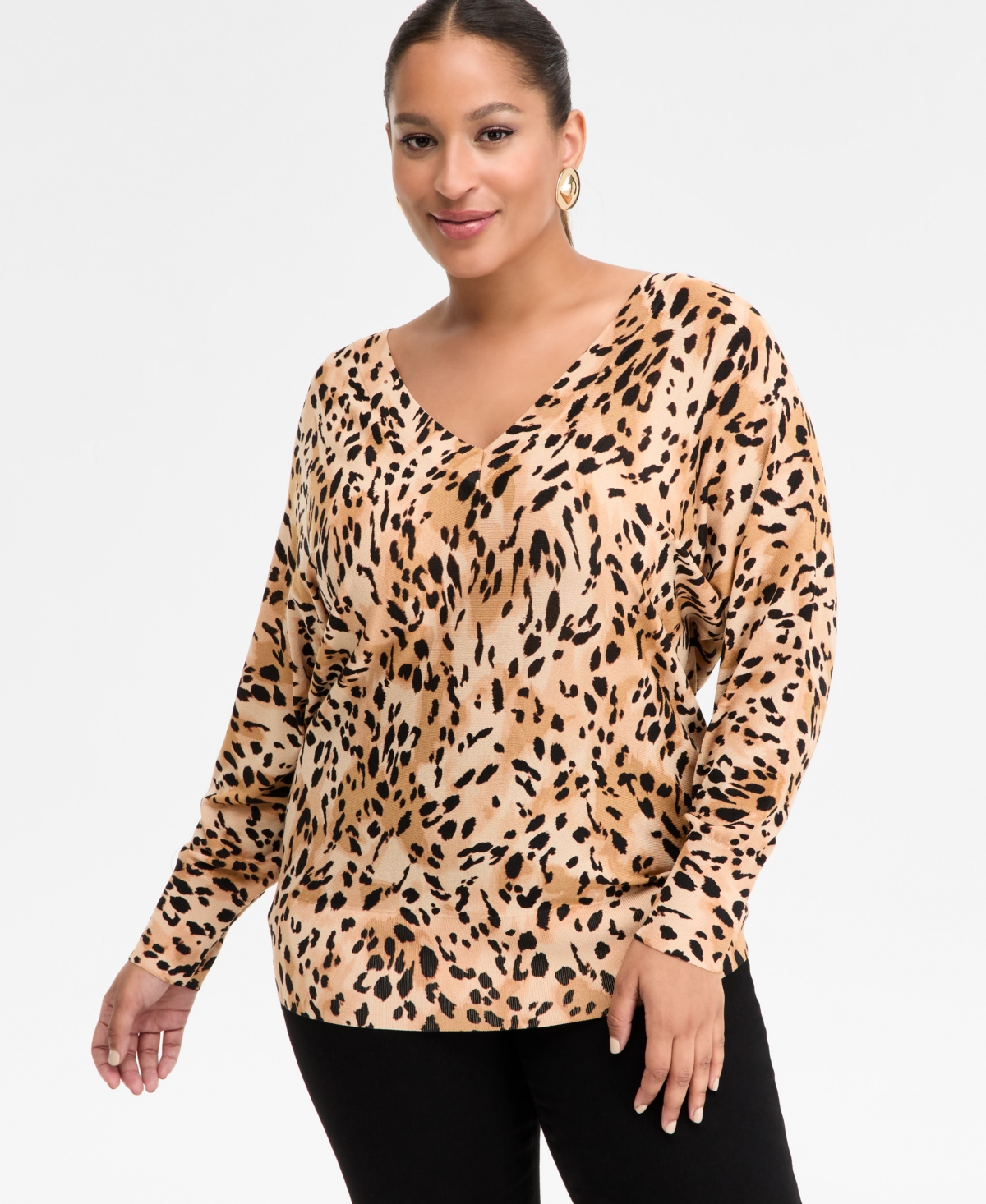 Inc International Concepts Plus Size Animal Print V-neck Sweater, Macy's Exclusive In Animal Print