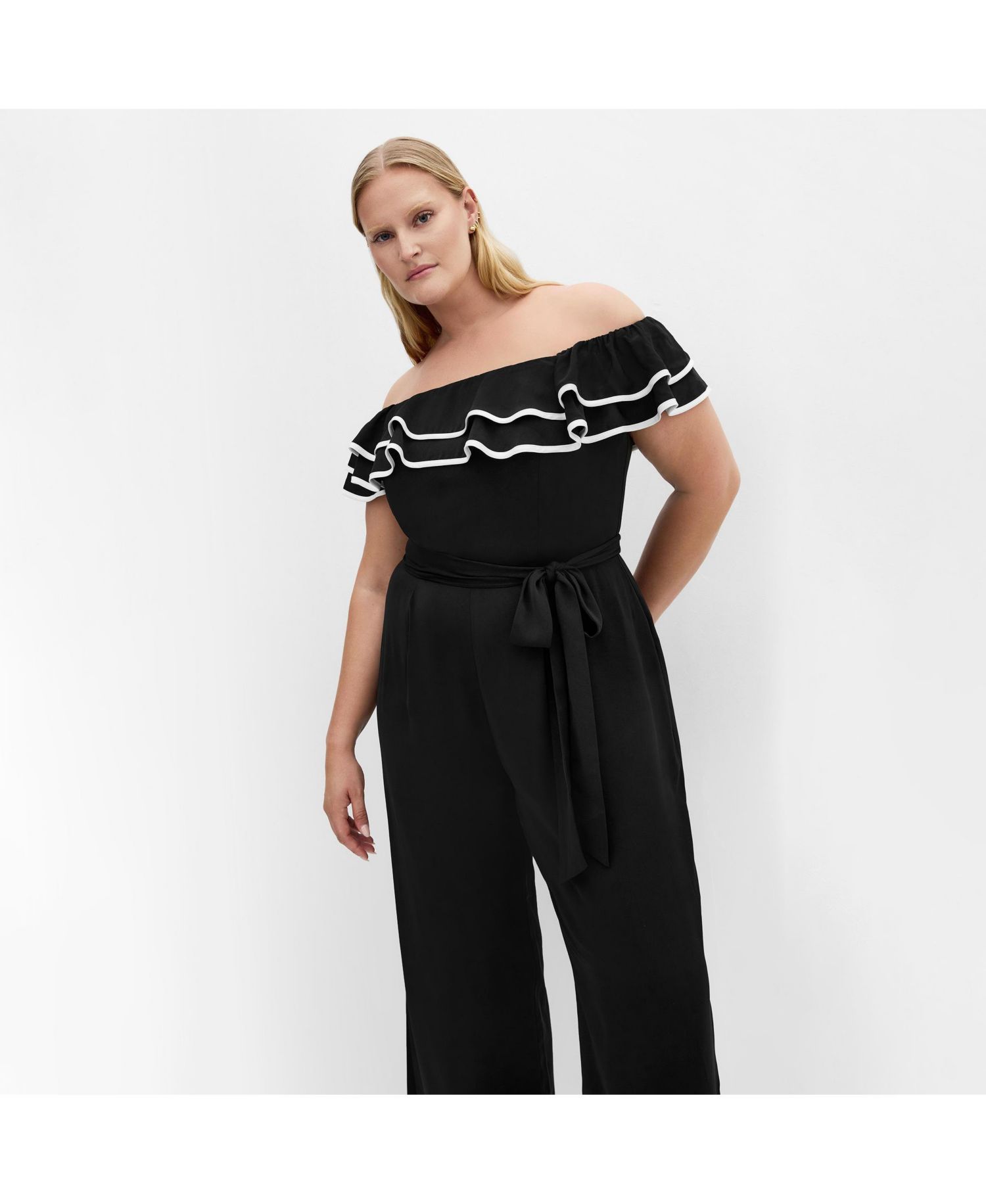 Plus Size Demure Off Shoulder Frill Jumpsuit