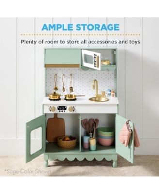 Wooden Cottage Kids Pretend Play Kitchen with 5 Accessories and Toy Storage