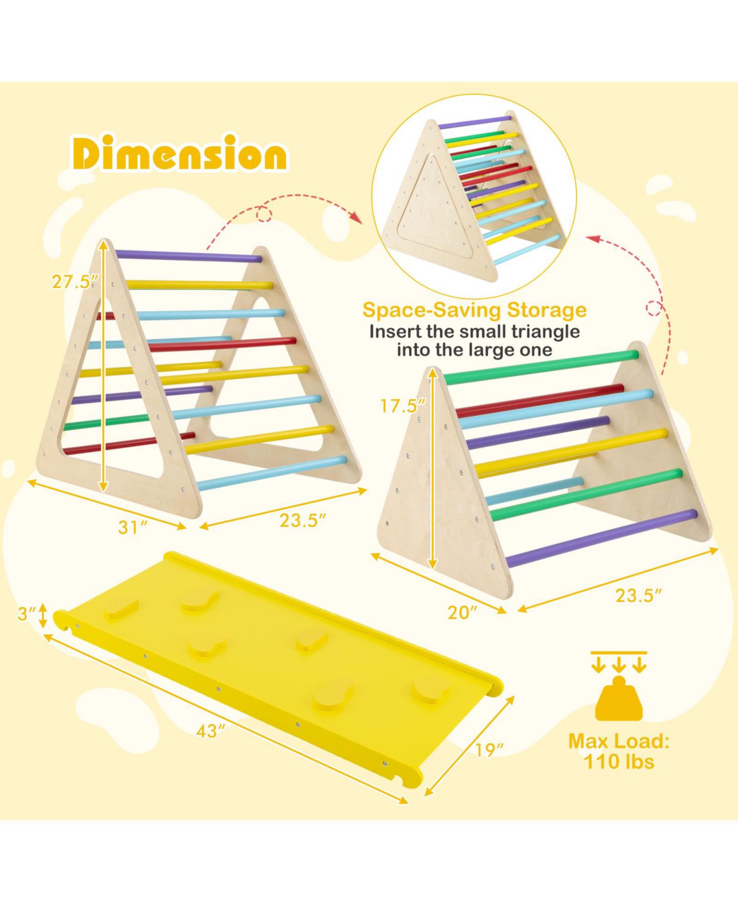3 Piece Toddler Climbing Set with 2 Climbing Triangles and 1 Ramp