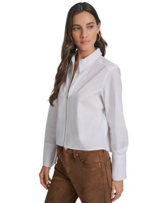 Women's Collared Cotton Poplin Zip-Front Shirt