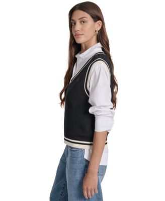 Women's Contrast Trim Cotton V-Neck Sleeveless Sweater