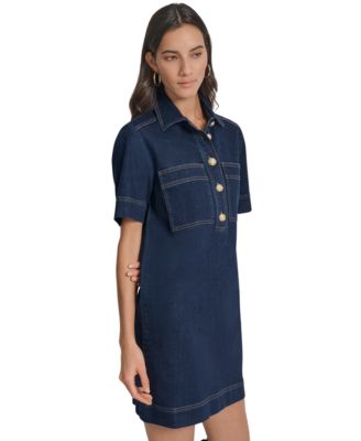 Women's Collared Short-Sleeve Denim Shift Dress