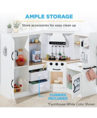 Pretend Play Corner Kitchen, Interactive Wooden Kids Set w/ Lights and Sounds