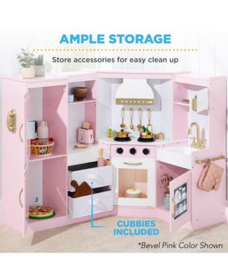 Pretend Play Corner Kitchen, Interactive Wooden Kids Set w/ Lights and Sounds