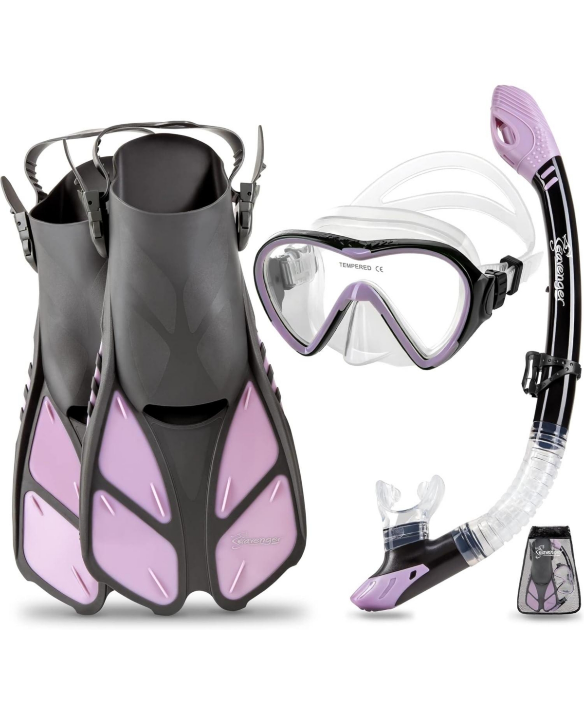Aviator Snorkeling Set: Single Window Mask, Snorkel, Fins & Bag - Clear Red S/M - Black