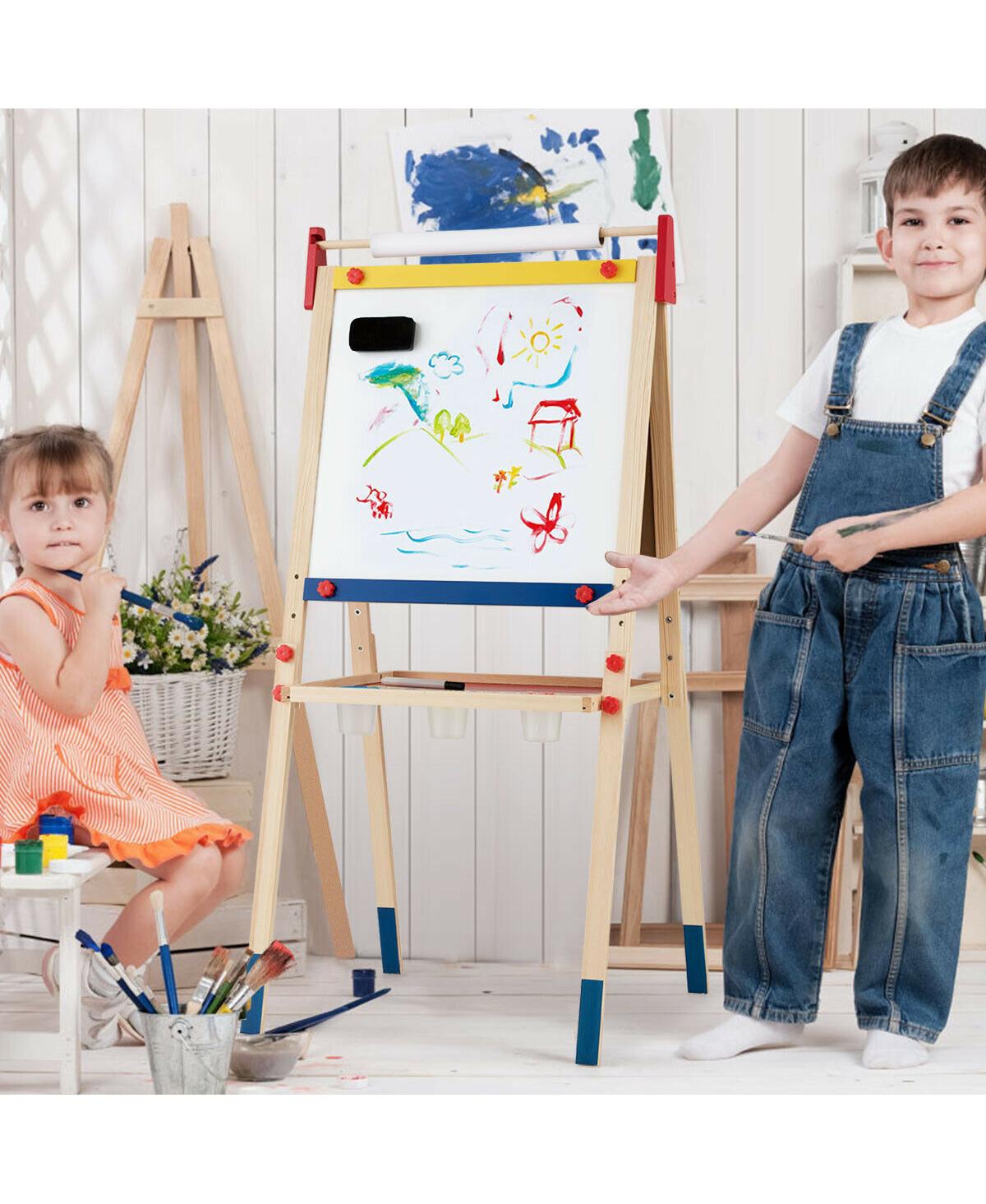 Akiudex all-in-one wooden height adjustable kid's art easel with magnetic stickers and paper