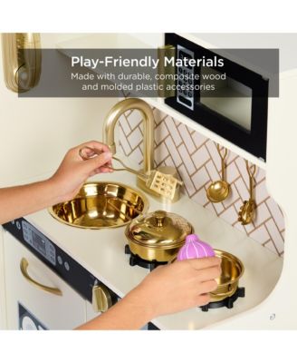 Pretend Play Kitchen Wooden Toy Set for Kids w/ Telephone, Utensils, Oven, Microwave