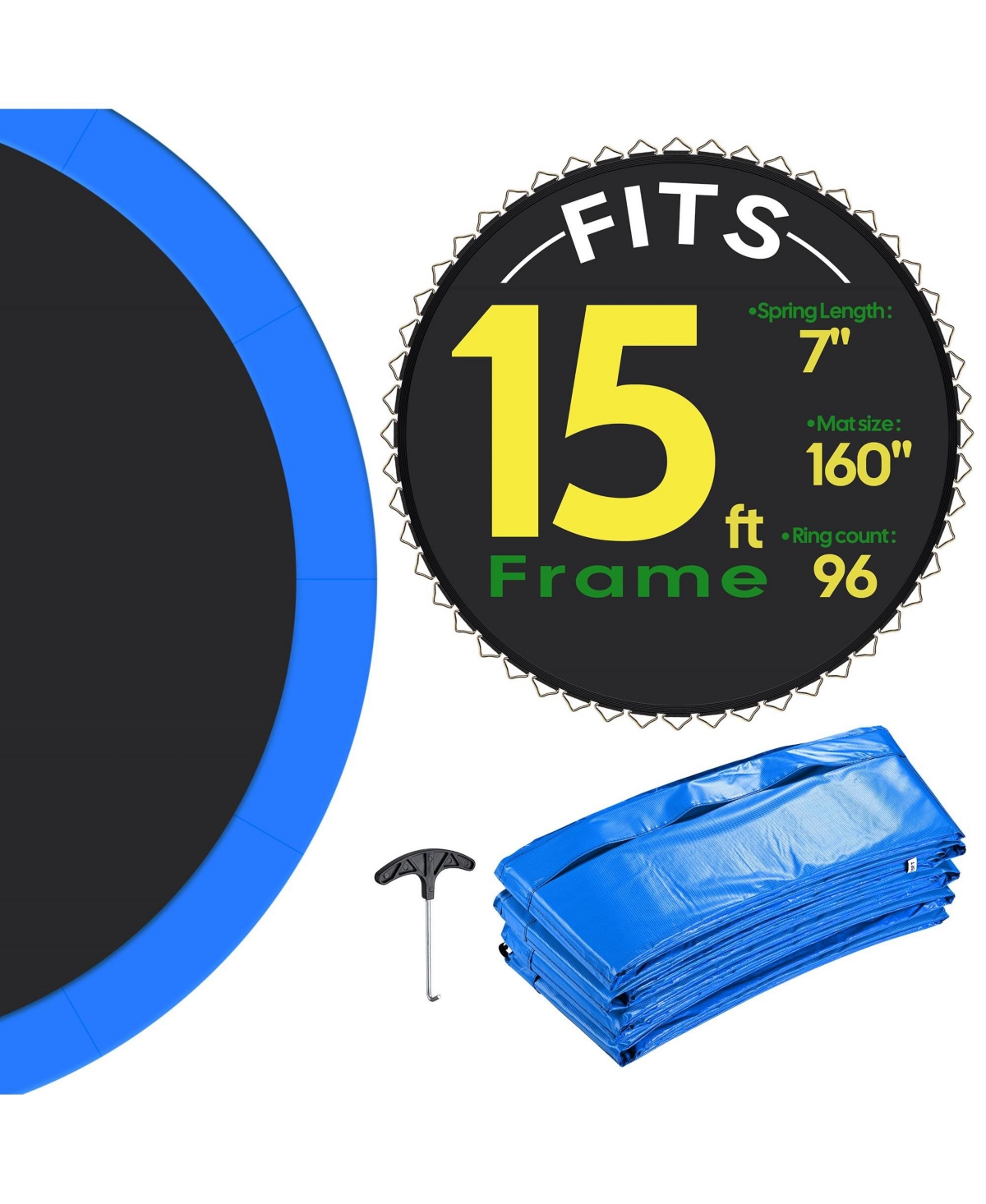 Trampoline Mat & Pad Replacement Kit w/ 96V-Ring for 15ft Round Trampoline Frame Blue - Natrual