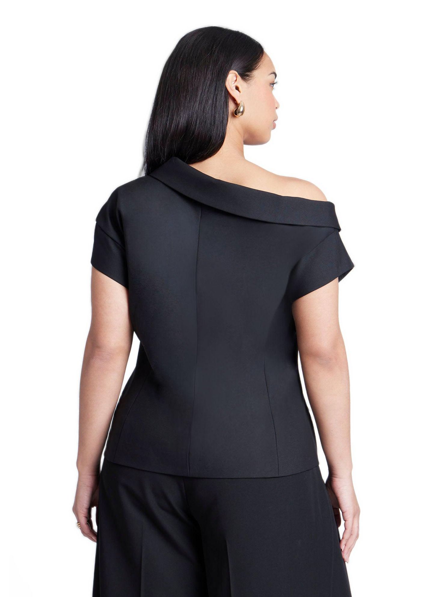 Женский пиджак ELOQUII Asym Neckline Short Sleeve Blazer, цвет: Чёрный оникс — фото 2