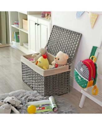 Storage Basket with Lid – 17.2 Gallons (65L) Foldable Woven Bin with Handles, Metal Frame & Removable Liner for Blankets