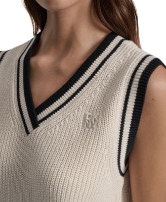 Women's Contrast Trim Cotton V-Neck Sleeveless Sweater