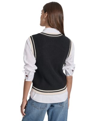 Women's Contrast Trim Cotton V-Neck Sleeveless Sweater