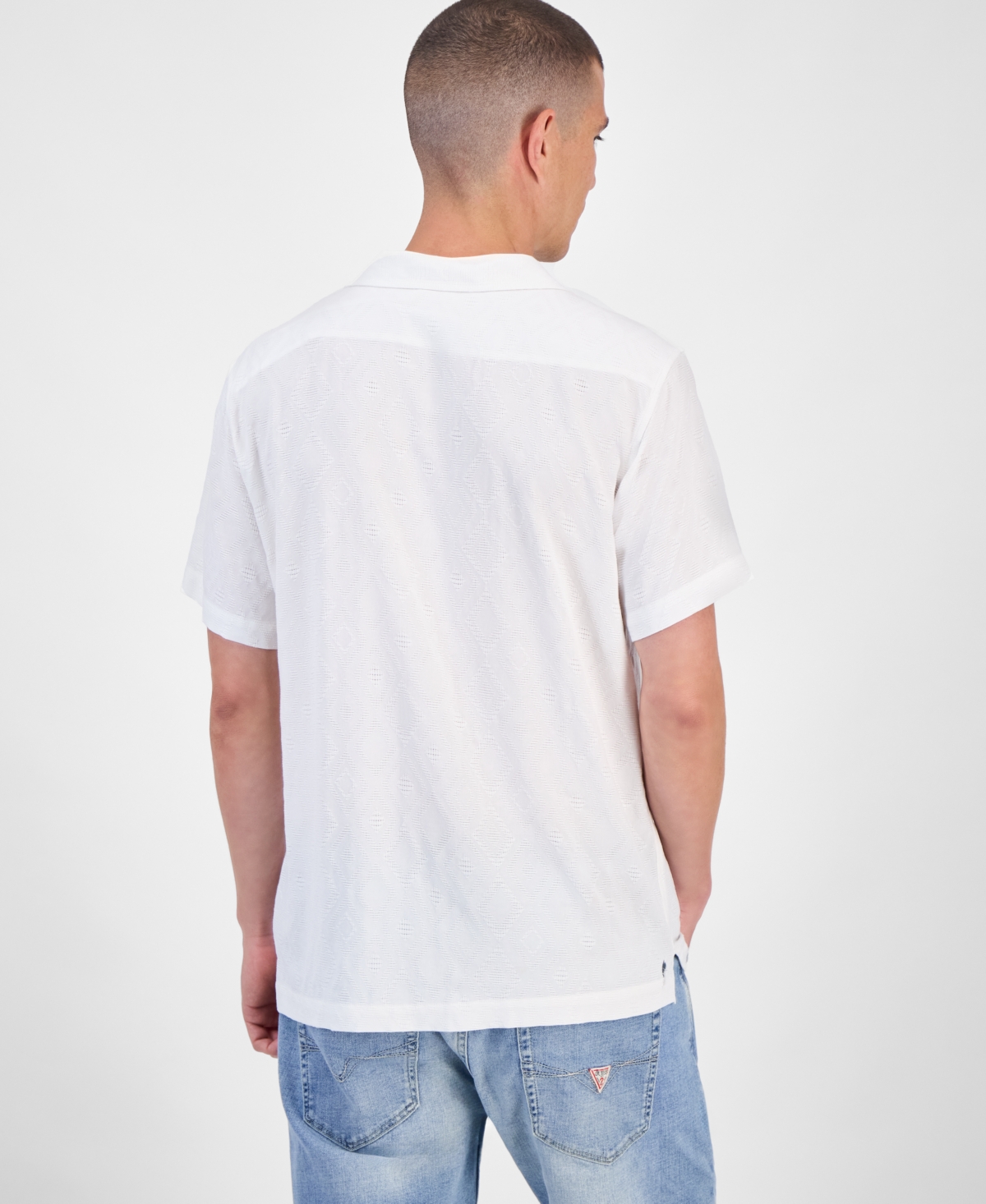 Guess Short Sleeve Diamond Jacquard Button-front Camp Shirt In White
