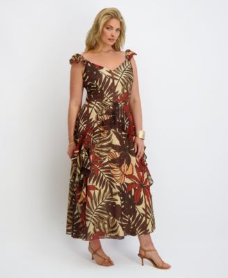 Plus Size Flutter-Sleeve Printed Chiffon Maxi Dress