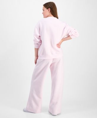Madden Girl Juniors Fleece Patch Crewneck Sweatshirt Fleece Patch Wide Leg Sweatpants In Pink